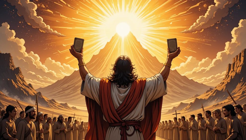 A warm and radiant depiction of Moses standing before a glowing divine presence, his hands raised in gratitude as he receives God’s forgiveness for the Israelites. The background features the Israelite camp at the base of Mount Sinai, with people looking up in awe. The scene exudes a sense of divine mercy, love, and renewal, with golden light illuminating Moses and the stone tablets in his hands.