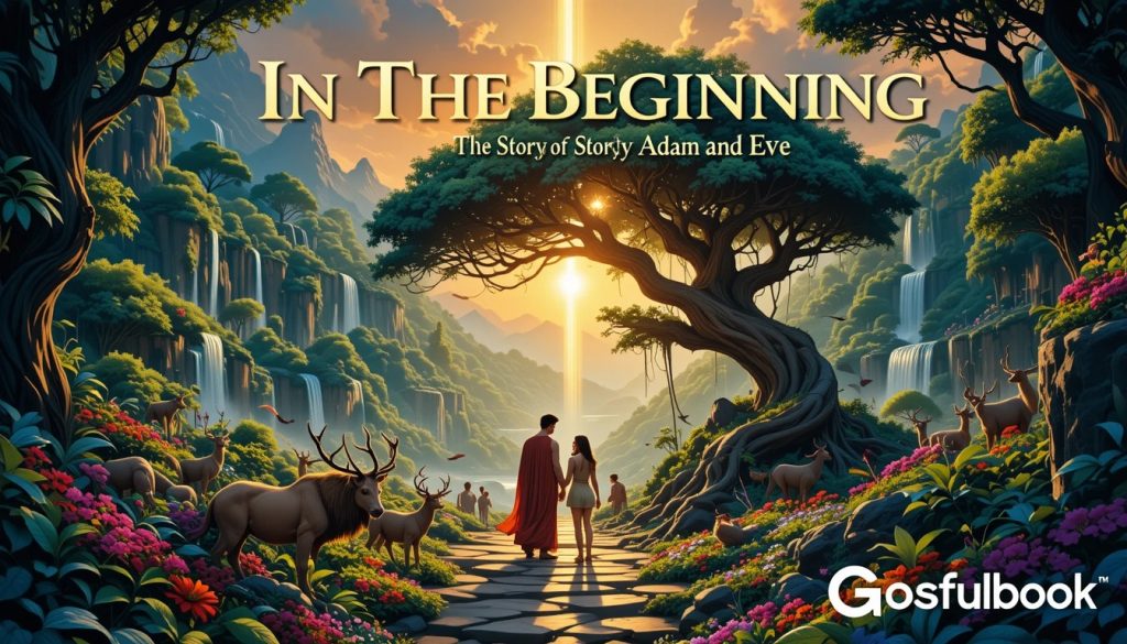 In The Beginning: The Story of Adam and Eve A breathtaking scene showcasing the wonders of God's creation. The background features a lush paradise with towering trees, colorful flowers, and a sparkling river flowing through the land. The sky is painted in warm golden hues with rays of light shining down, symbolizing divine presence. In the center, Adam and Eve stand side by side, looking at the beauty around them. Animals such as lions, deer, and birds roam peacefully. The Tree of Life stands tall in the distance, its glowing fruit radiating a soft light. At the top, bold and elegant golden letters display the title: **"In The Beginning: The Story of Adam and Eve"**. At the bottom right corner, in smaller but clear text, the name **"Gosfulbook"** is placed, blending smoothly into the image without overpowering the scene. This thumbnail should be visually stunning, drawing viewers in with its rich colors and deep sense of wonder, reflecting the beauty of God's creation.